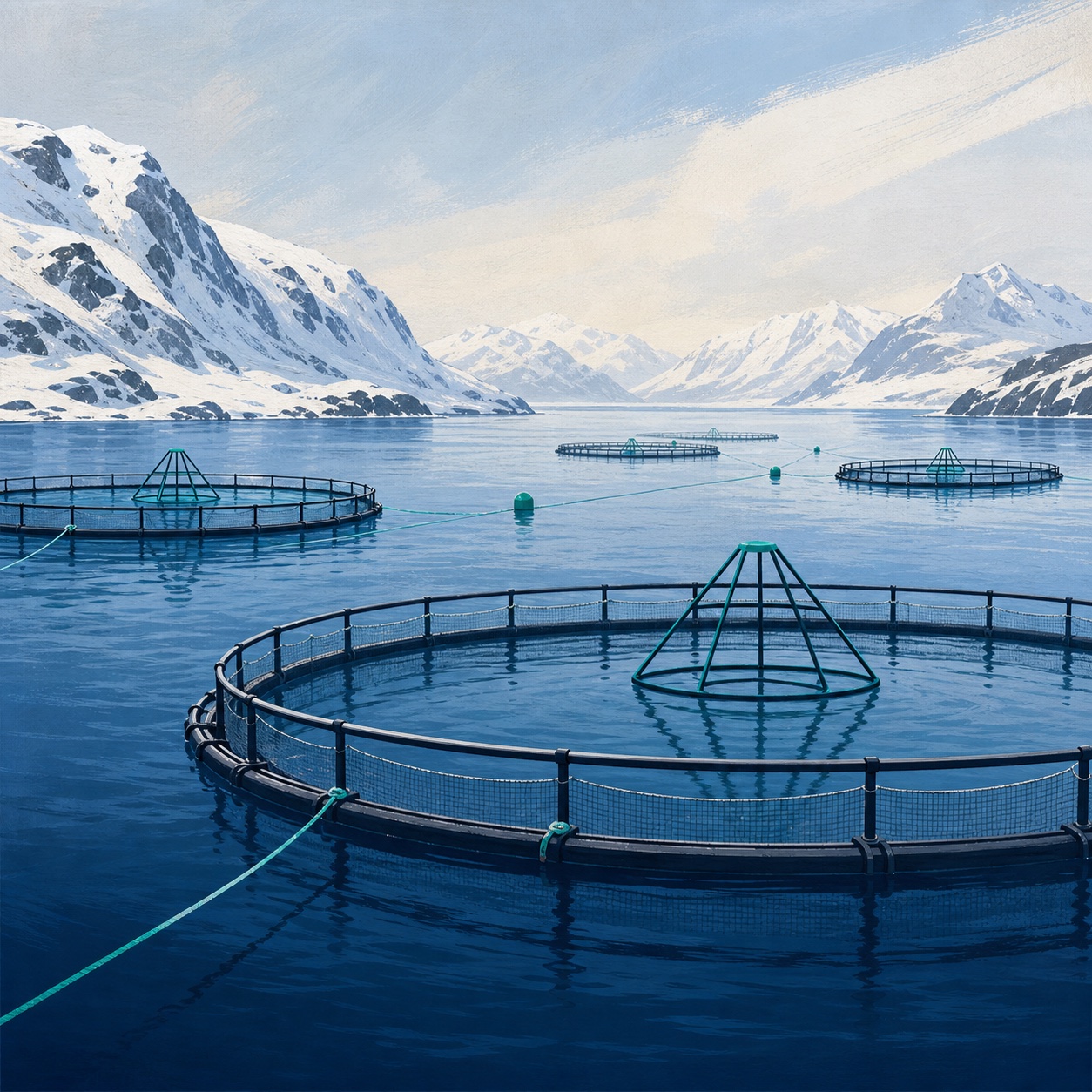 Illustrert akvakulturanlegg i norsk fjord